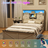 Fameill Farmhouse Twin Size Bed Frame with 4 Drawers and Bookcase Headboard, Sliding Barn Door Storage Shelves, LED Lights and Charging Station, No Box Spring Needed, Antique White Fameill