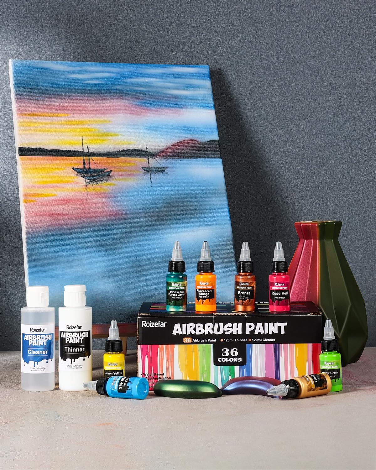 Roizefar Airbrush Paint, 36 Colors with 4.05 Fl Oz Thinner & 4.05 Fl Oz Cleaner, Water-Based Air Brush Paints Acrylic Ready to Spray, Includes Iridescent, Metallic, Neon, Classic Colors, 20ml/Bottle Roizefar
