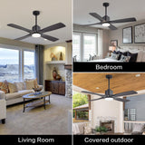 WINGBO 54 Inch DC Ceiling Fan with Lights and Remote Control, 4 Carved Solid Wood Blades, 6-Speed Noiseless Reversible DC Motor, Modern Ceiling Fan in Matte Black Finish with Black Blades WINGBO