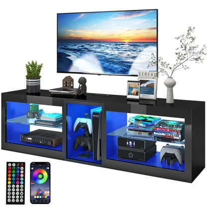 Vinctik 6&Fox LED TV Stands for Living Room w/60,000-Colors Lights&6.5ft Power Outlet for 55 60 65 70inch TV,Modern High Gloss LED Black Entertainment Center w/Adjustable Shelves for Gameroom/Bedroom