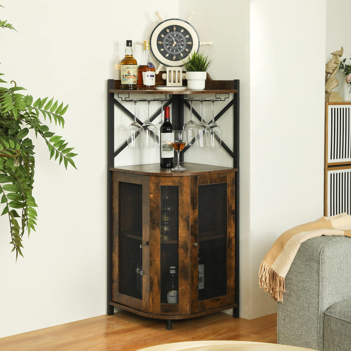 JKsmart Corner Bar Cabinet with Glass Holder, Industrial Wine Cabinet with Mesh Door, Liquor Bar Cabinet with Adjustable Shelf, Home Bar for Liquor and Wine Storage, Rustic Brown JKsmart