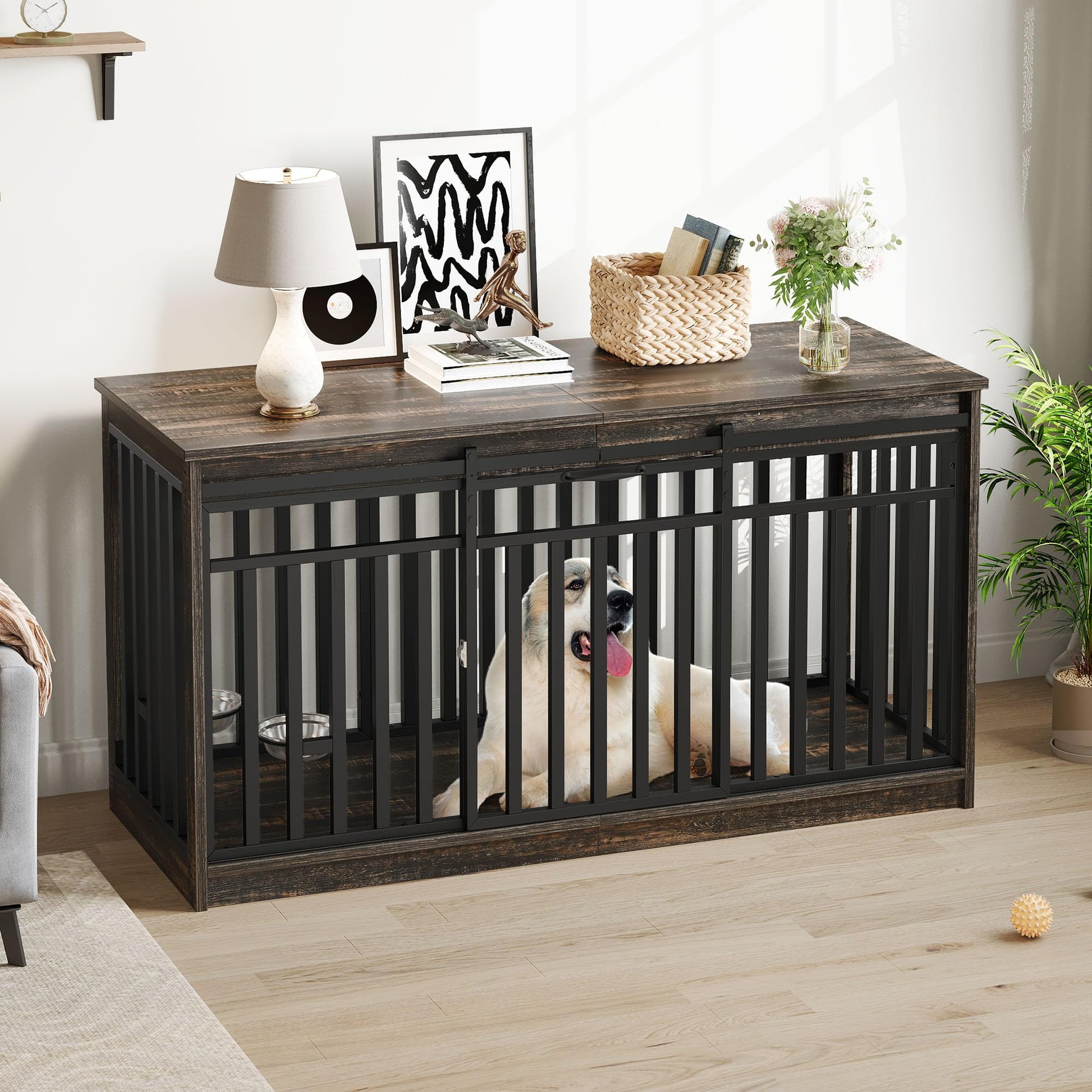 DWVO 55" Extra Large Dog Crate Furniture, Heavy Duty Metal Dog Kennel TV Stand with Sliding Door, Wooden Dog Cage Table with Dog Bowl for Extra Large Medium Dogs or 2 Small Dogs Black Oak - WoodArtSupply