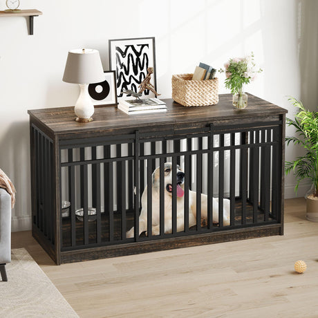 DWVO 55" Extra Large Dog Crate Furniture, Heavy Duty Metal Dog Kennel TV Stand with Sliding Door, Wooden Dog Cage Table with Dog Bowl for Extra Large Medium Dogs or 2 Small Dogs Black Oak DWVO