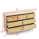 SEHAONOHOME Rattan Dresser with 7 Drawers, Wooden Modern Chest of Drawers, Wood Storage Cabinet for Bedroom, Entryway, Living Room and Hallway, Natural Wood SEHAONOHOME