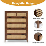 LEVNARY 5 Drawer Chest Dresser, Rattan Tall Dresser 5 Chest of Drawers for Bedroom, Wood Storage Cane Cabinet with Metal Handles, for Living Room, Hallway, Nursery (Walnut) LEVNARY
