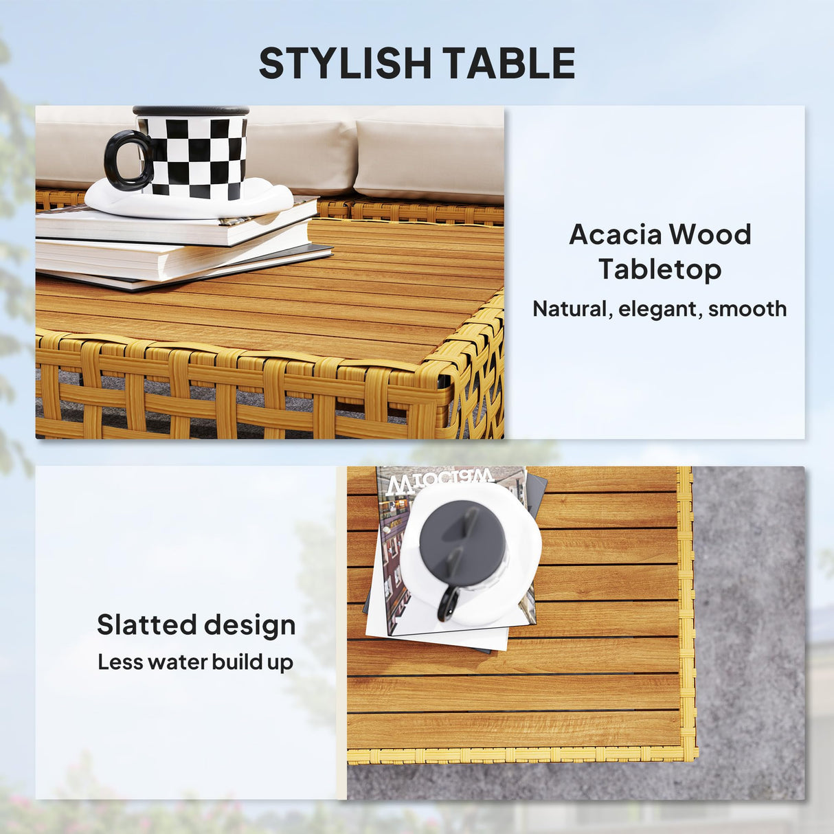 Outsunny 7 Piece Wicker Patio Furniture Set, Modular Outdoor Sectional with Thickened Cushions, Rattan Outdoor Furniture Conversation Set with Slatted Acacia Wood Table for Backyard, Khaki/Beige Outsunny