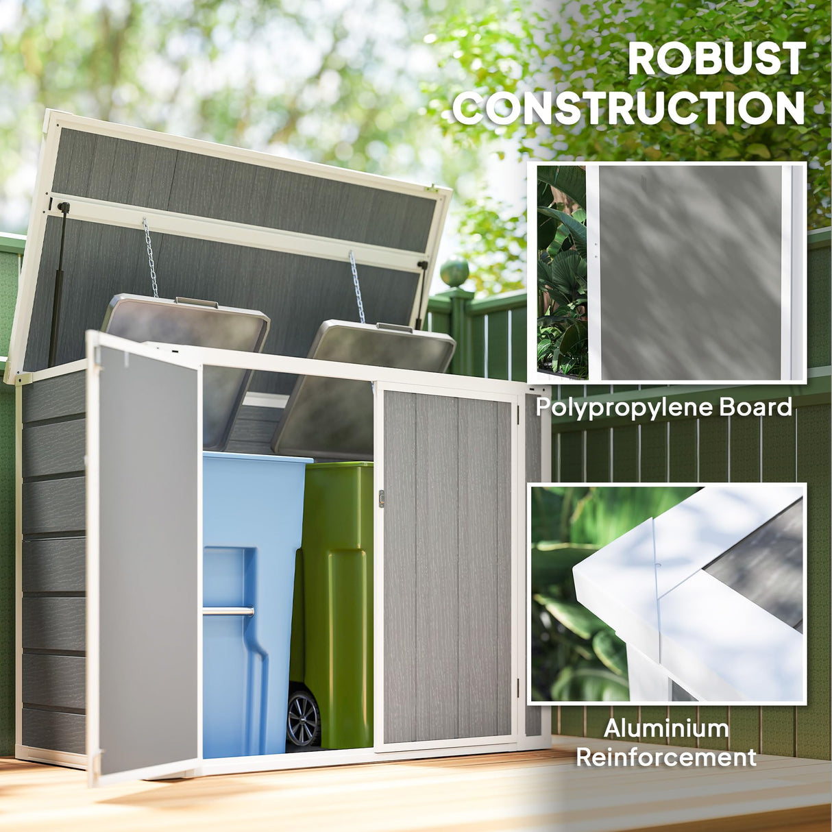 Outsunny 41 Cu. Ft. Outdoor Storage Shed with Chain Lid, Waterproof Outdoor Horizontal Trash Can Storage with Lockable Storage Box for Trash Cans, Garden Tools, Gray Outsunny
