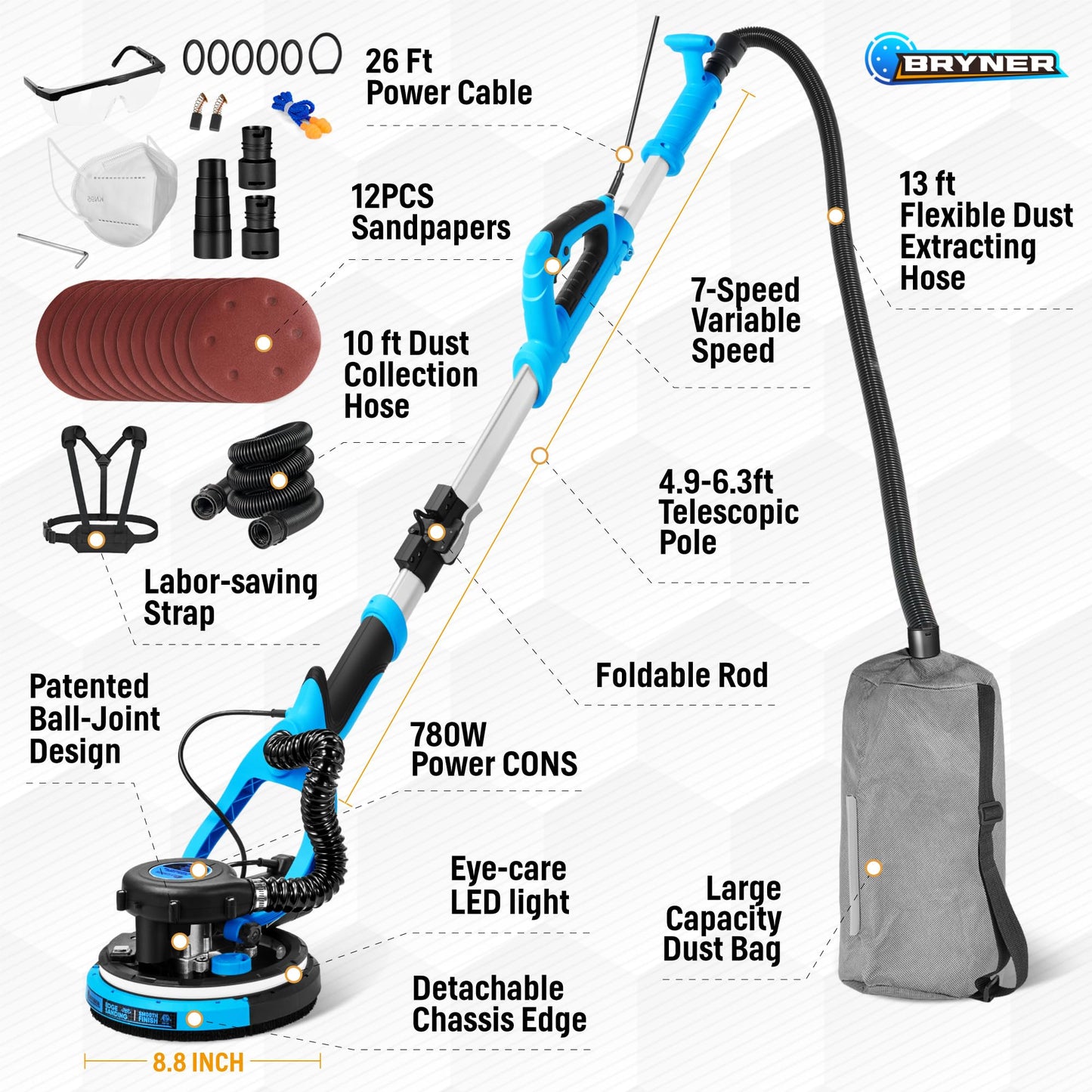 𝟐𝟎𝟐𝟓 𝐔𝐩𝐠𝐫𝐚𝐝𝐞𝐝 Drywall Sander, 780W Electric Drywall Sander with Vacuum Attachment and Labor-Saving Back Belt, 7 Variable Speed 900-1800RPM, Dustless Floor Sander for Popcorn Ceiling Floor