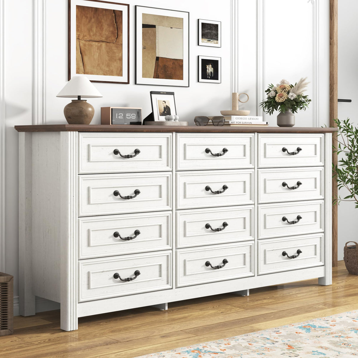 chartustriable Farmhouse 12 Drawer Dresser for Bedroom, 63” Wood Chest of Drawers with Rustic Handles, Wide Closet Dressers Organizer, Living Room, Hallway, Bedroom Furniture, Antique White chartustriable