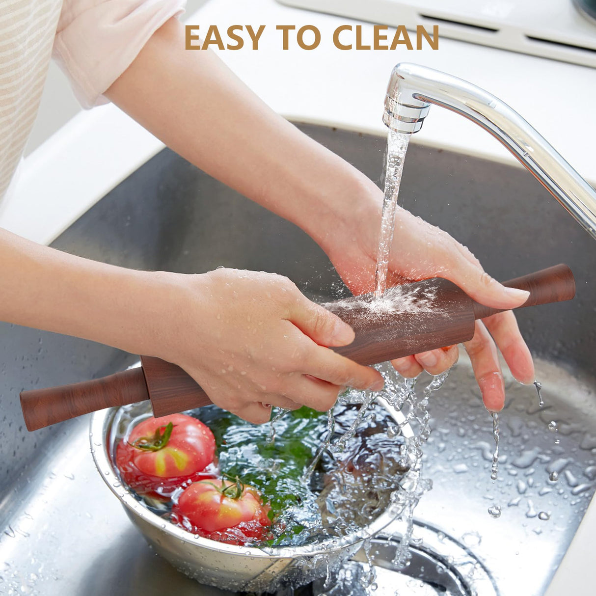 Mepple Classic Wooden Rolling Pin with Handle for Fondant, Pizza, Pies, Cookies, Pastries, Rolling Pin for Baking with 3 Multi-Color Thickness Rings, 17" x 2.5" Natural Sapele Rolling Pin Mepple