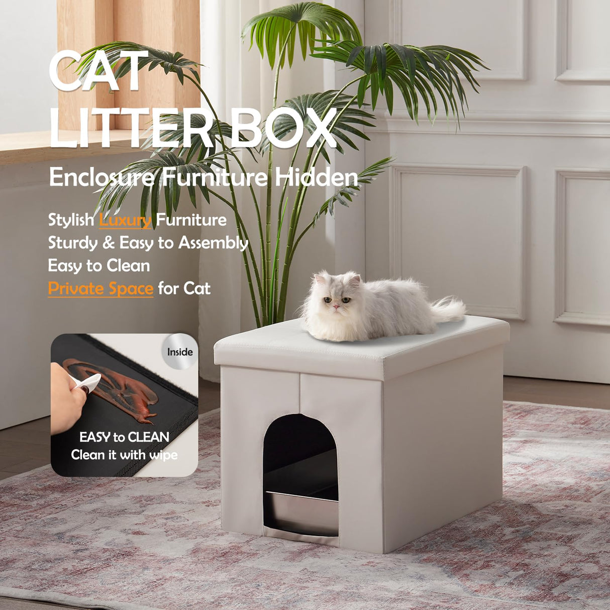 MEEXPAWS Cat Litter Box Enclosure Furniture Hidden, Cat Washroom Bench Storage Cabinet |Large 25.6'' x 17.7'' x 17.7''| Dog Proof | Waterproof Inside/Easy Clean | Easy Assembly | Odor Control(White) MEEXPAWS