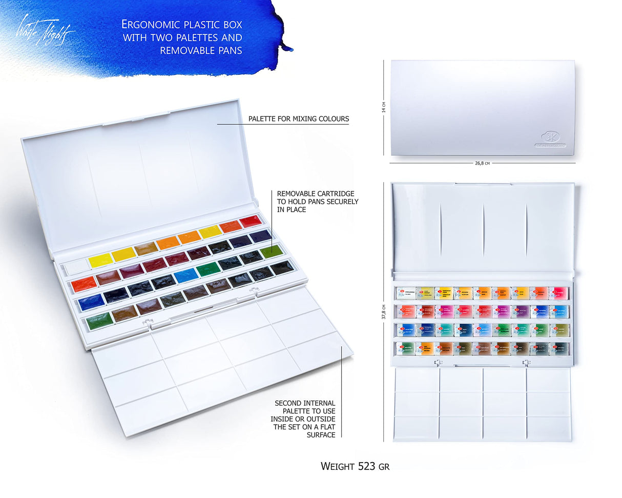 White Nights Professional Watercolor Set 36 Full Pans 2.5ml Extra Fine Artists Grade Pigments Vibrant and Lightfast Colors in Durable Plastic Box Art Supplies for Artists by Nevskaya Palitra Handy Stamps Quality Value Speedy Service