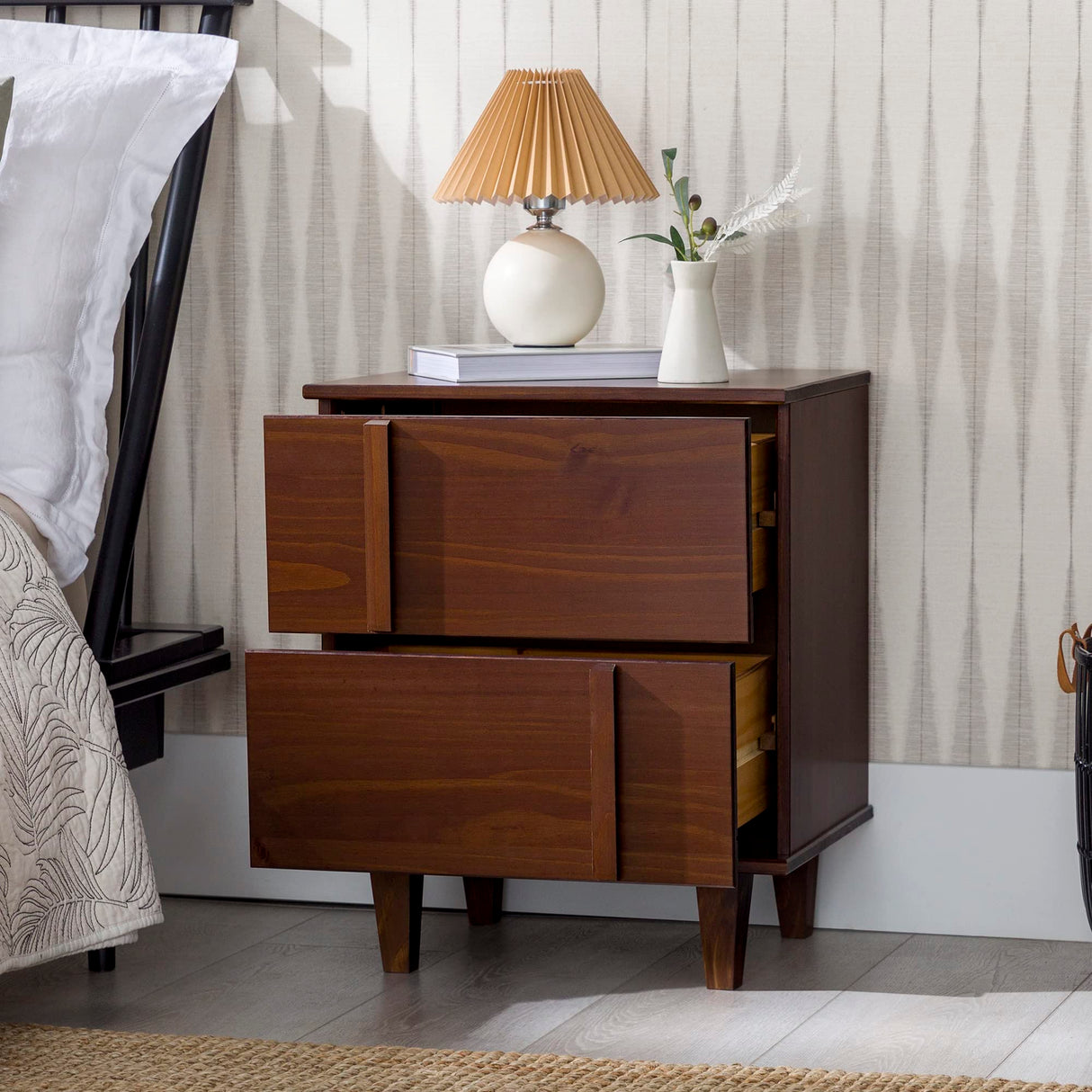 Walker Edison Sprague Contemporary Detailed Drawer Solid Wood Nightstand, 20 Inch, Walnut Walker Edison