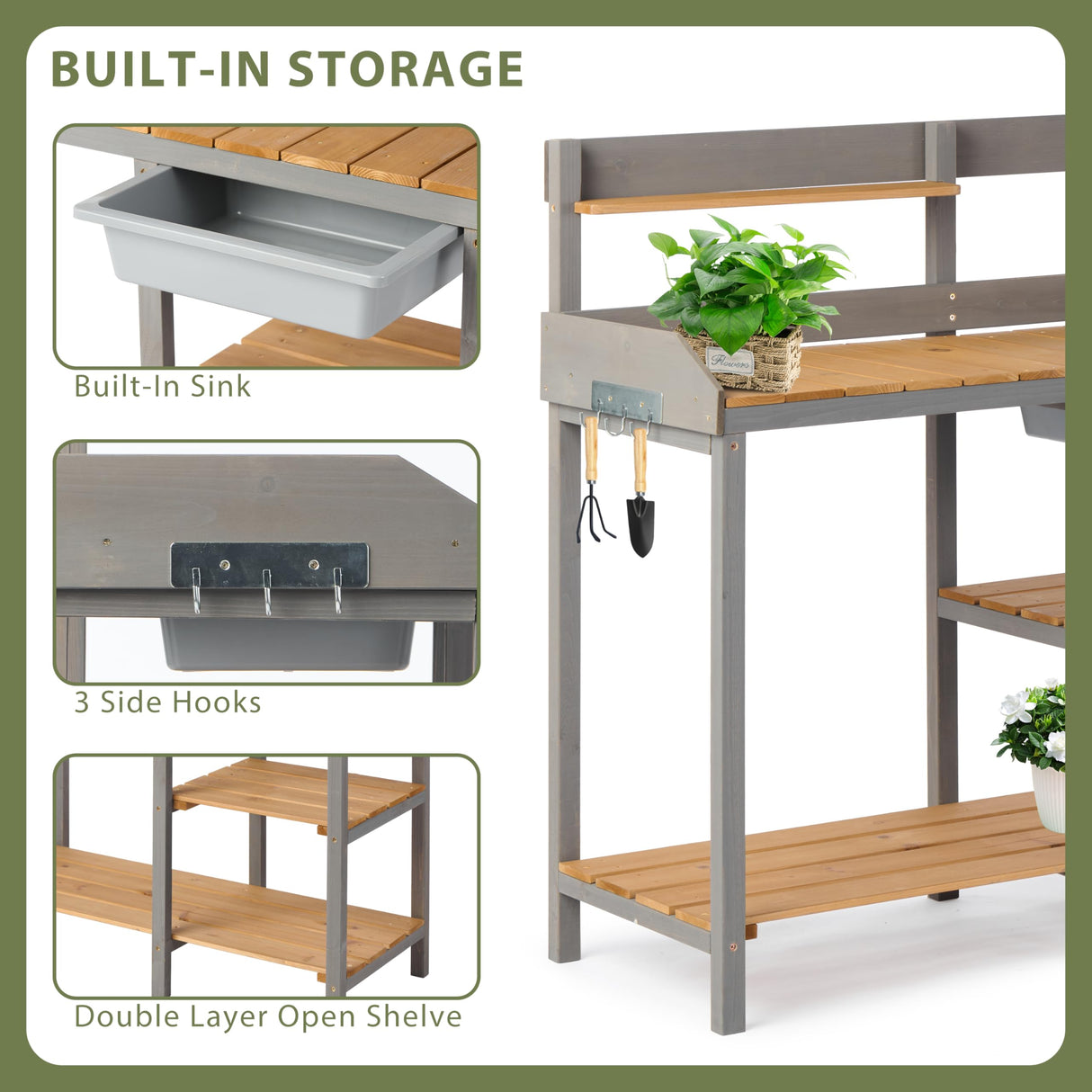 Wooden Potting Bench Table with Sink,Outdoor Garden Table Work Bench with Shelf, Workstation for Outside Lawn Patio Wood-Natrl