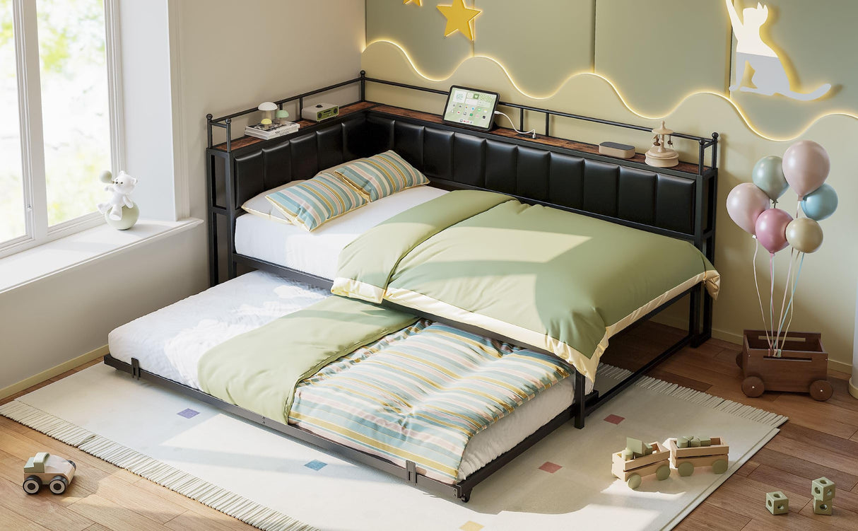 LIKIMIO Daybed with Trundle, Twin Corner Bed Fram with Bedside Storage,Sofa Day Bed for Living Room, Bedroom and Guest Room,Black LIKIMIO