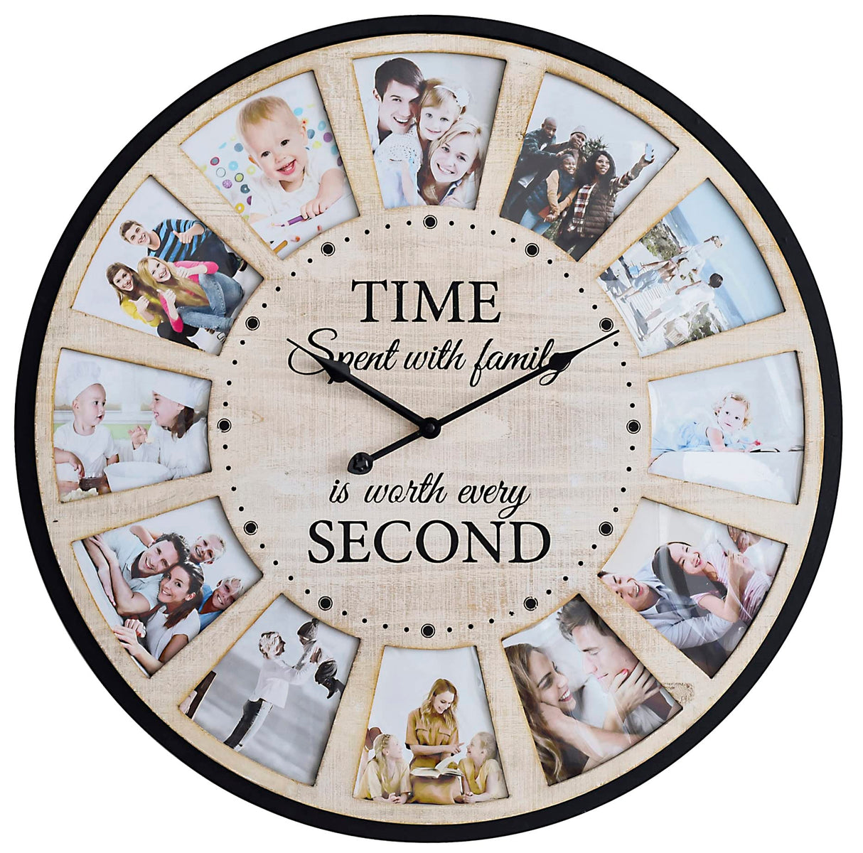 JUMBO HUMBLE 12 Photo Collage Rustic Farmhouse Wood Wall Clock, Large Oversized Wall Clock for Home, Kitchen, Living Room, Silent Battery Powered 25 Inch Natural JUMBO HUMBLE