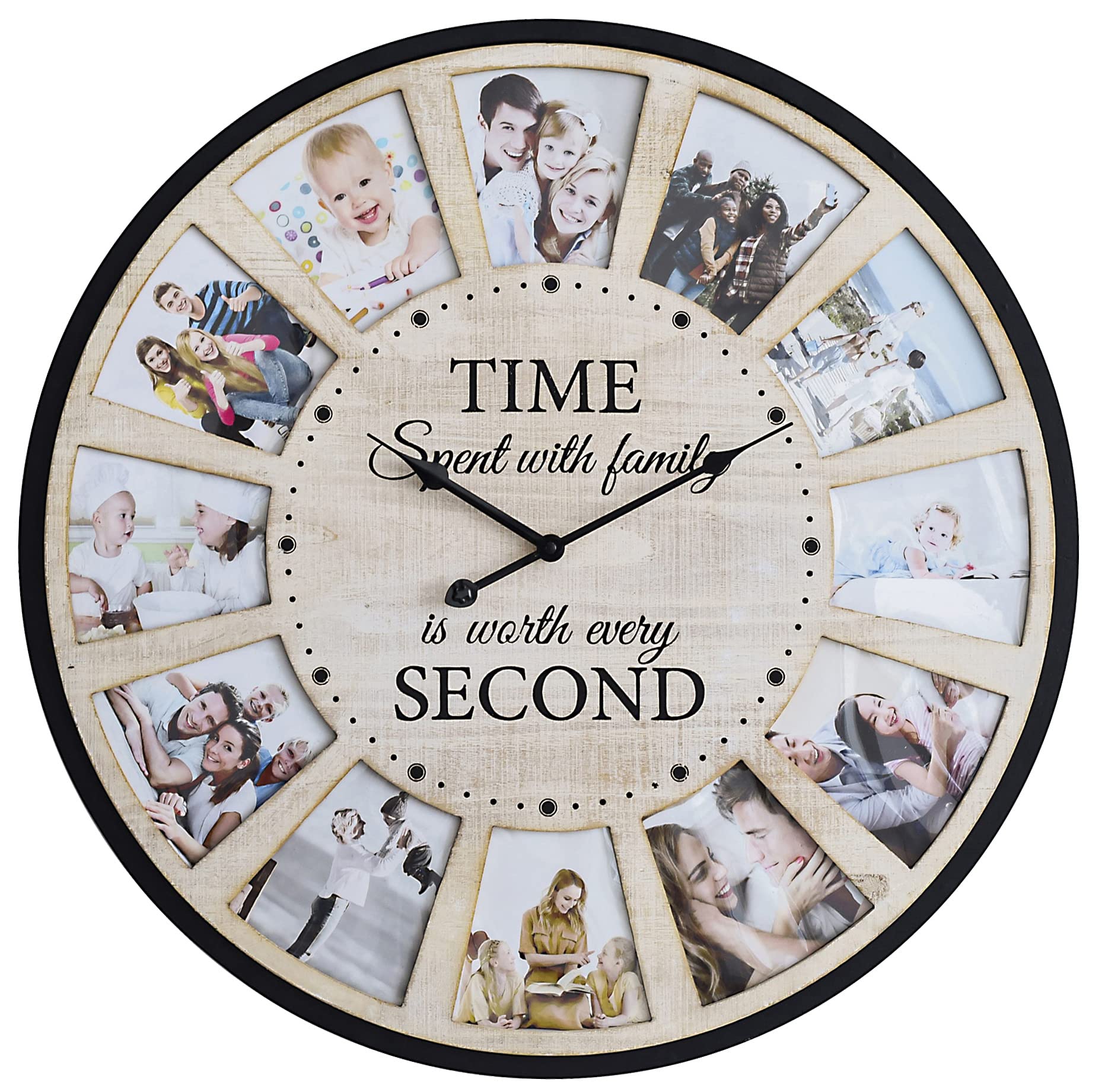 JUMBO HUMBLE 12 Photo Collage Rustic Farmhouse Wood Wall Clock, Large Oversized Wall Clock for Home, Kitchen, Living Room, Silent Battery Powered 25 Inch Natural - WoodArtSupply