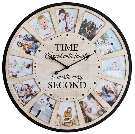 JUMBO HUMBLE 12 Photo Collage Rustic Farmhouse Wood Wall Clock, Large Oversized Wall Clock for Home, Kitchen, Living Room, Silent Battery Powered 25 Inch Natural JUMBO HUMBLE