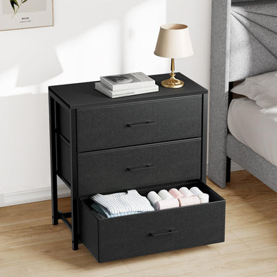 Memobarco Nightstand with 3 Drawers for Bedroom, Storage Dresser with Fabric Drawers and Metal Frame for Closet, Living Room, Bedside Table with Wood Top, Easy Pull Handle, Black