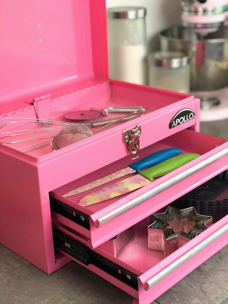 Apollo Tools 14 Inch Steel Tool Box with Deep Top Compartment and 2 Drawers in Heavy-Duty Steel With Ball Bearing Opening and Powder Coated Finish - Pink Ribbon - Pink - DT5010P Apollo