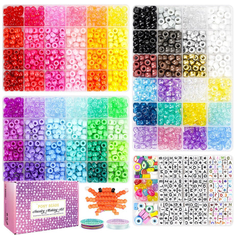 2400pcs Pony Beads 72 Colors 9mm Friendship Bracelets Making Kit, Rainbow Kandi Beads Bulk Letter Beads for Name Bracelets Jewelry Making Crafts with Elastic String Sistenia