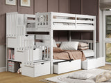 Bedz King Stairway Bunk Beds Twin over Twin with 3 Drawers in the Steps and 2 Under Bed Drawers, White Bedz King