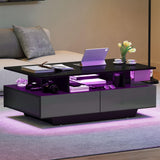 YITAHOME LED Coffee Table with Storage, High Glossy LED Coffee Tables for Living Room, Modern Black Rectangle Coffe Table, Small Center Table with Open Display Shelf & Sliding Drawers, Black YITAHOME