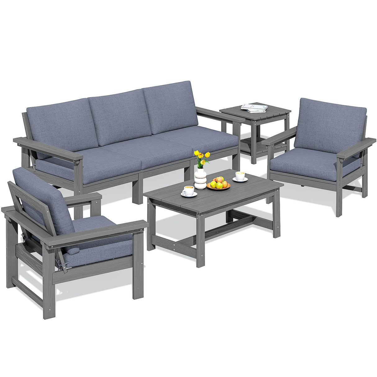 SERWALL HDPE Patio Furniture Set, 7-Piece Outdoor Sectional Sofa Set, All Weather Outdoor Couch Set for Deck, Lawn, Grey Frame with Grey Cushion SERWALL