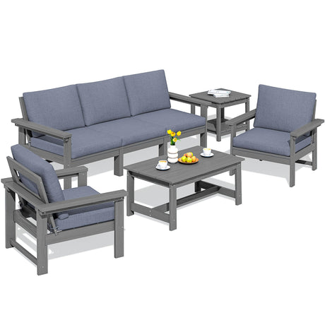 SERWALL HDPE Patio Furniture Set, 7-Piece Outdoor Sectional Sofa Set, All Weather Outdoor Couch Set for Deck, Lawn, Grey Frame with Grey Cushion SERWALL