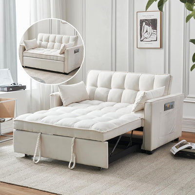 FENFSHE Futon Sofa Bed, Modern Velvet 3 in 1 Convertible Sleeper Sofa Couch Bed, Pullout Couch Bed with Adjustable Backrest, Storage Pockets and Toss Pillows for Living Room, Bedroom (Beige)