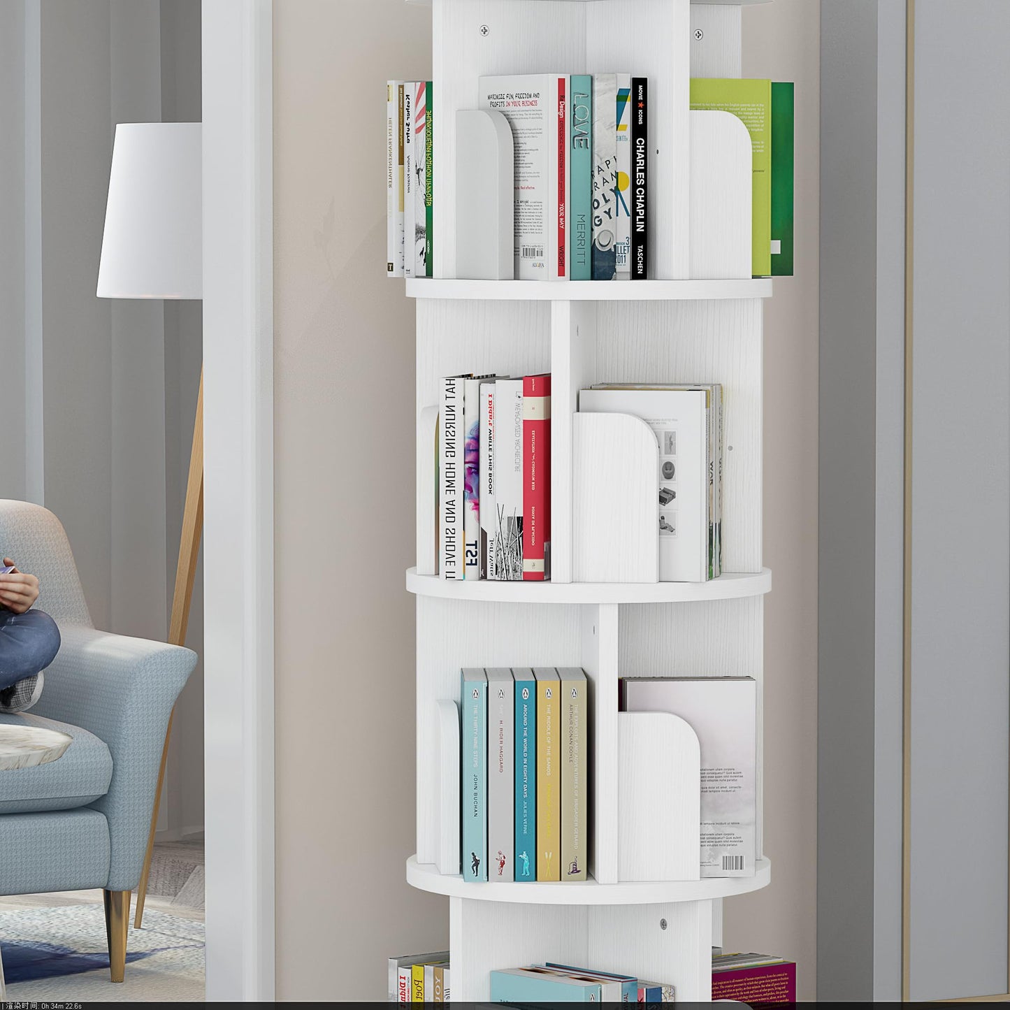 JoanKaren 51.2" Rotating White Wood Bookshelf - 4 Tier Corner Organizer for Kids and Adults - WoodArtSupply