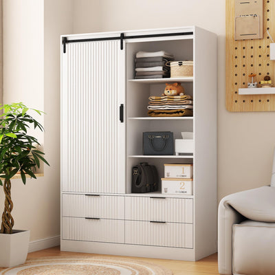 71 inch Tall Bedroom Armoire Wardrobe Closet Clothing Storage Cabinet with Hanging Rod Barn Door Drawers Open Shelves (White 3)
