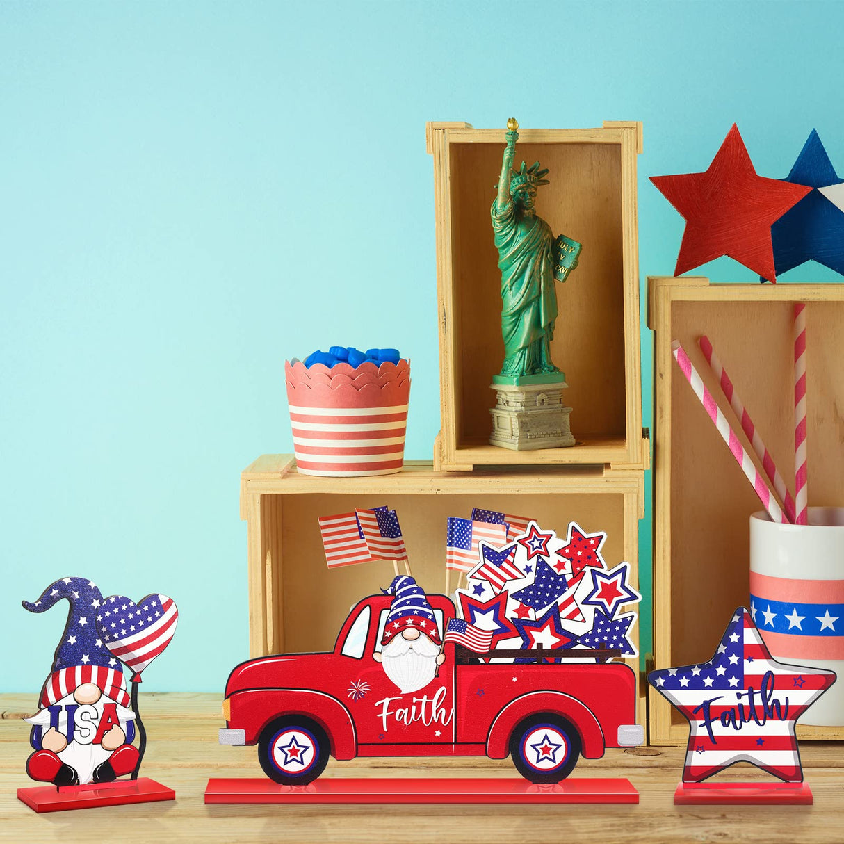 Qunclay 6 Pieces Patriotic Table Decor Memorial Day Table Decorations Wooden Gnome Freedom Truck Star 4th of July Table Signs for Veterans Day Independence Day Table Topper Decor Supplies (With Base) Qunclay