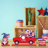 Qunclay 6 Pieces Patriotic Table Decor Memorial Day Table Decorations Wooden Gnome Freedom Truck Star 4th of July Table Signs for Veterans Day Independence Day Table Topper Decor Supplies (With Base) Qunclay
