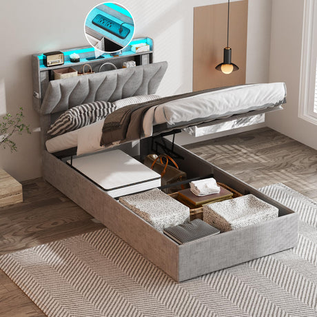 Twin Size Lift Up Storage Bed Frame with Adjustable Headboard, Charging Station, LED Lights, Wood Slats, Noise-Free, No Box Spring Needed, Light Grey Fameill