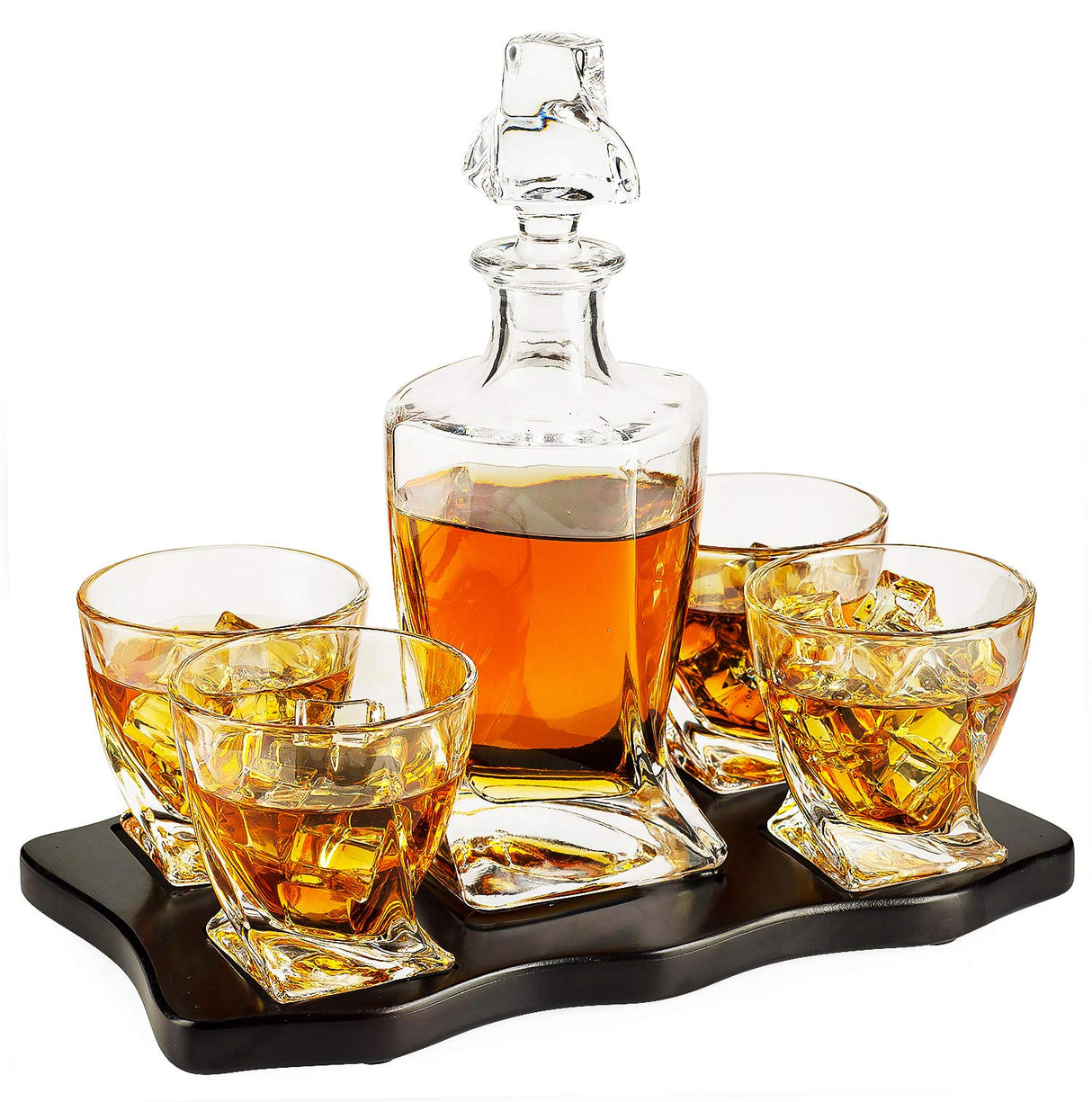 Whiskey Decanter & Glasses Crystal Set, Italian Crafted 5 Piece European Style Wine & Whiskey 855ml, With Wood Sophisticated Tray Set - Spirits, Scotch, & Bourbon Whiskey Glassware The Wine Savant