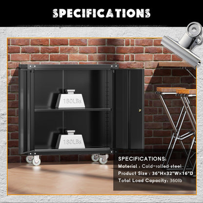 Greenvelly Metal Cabinet with Wheels,Black Rolling Storage Cabinet with Locking Doors and Adjustable Shelves,Small Metal Garage Storage Cabinet with Wheels for Home,Kitchen,Office,Warehouse(3 - WoodArtSupply