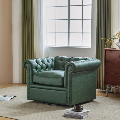Christopher Knight Home Oakley Chesterfield Faux Leather Upholstered Club Chair,Button-Tufted 360° Swivel Chair,Scrolled Arm Living Room Sofa Chair, No Assembly Required Furniture, Green Christopher Knight Home