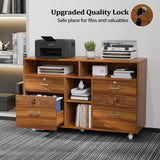 VINGLI Wide 4 Drawer File Cabinet with Lock, Wood Lateral File Cabinet with Open Shelves, Lockable Rolling File Cabinets for Home Office, Walnut File Cabinet Printer Stand, Letter Sized VINGLI