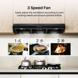 FIREGAS Black Under Cabinet Range Hood 36 Inch, Ducted/Ductless Convertible Kitchen Hood with 3 Speed Exhaust Fan, 300 CFM, LED Lights, Brushlesss DC Motor Vent Hood for Kitchen FIREGAS