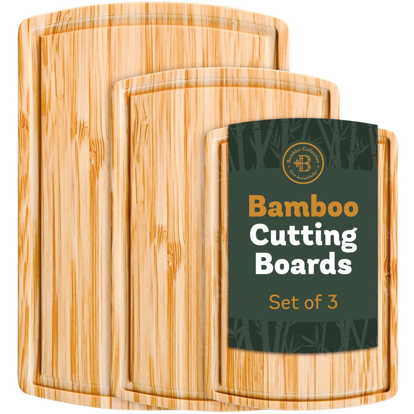 Wood Cutting Board - 3 Piece Bamboo Cutting Board Set, Wooden Cutting Boards for Kitchen with Deep Juice Groove, Side Handles - Wood Chopping Boards for Meal Prep, Meat, Vegetables, and Charcuterie