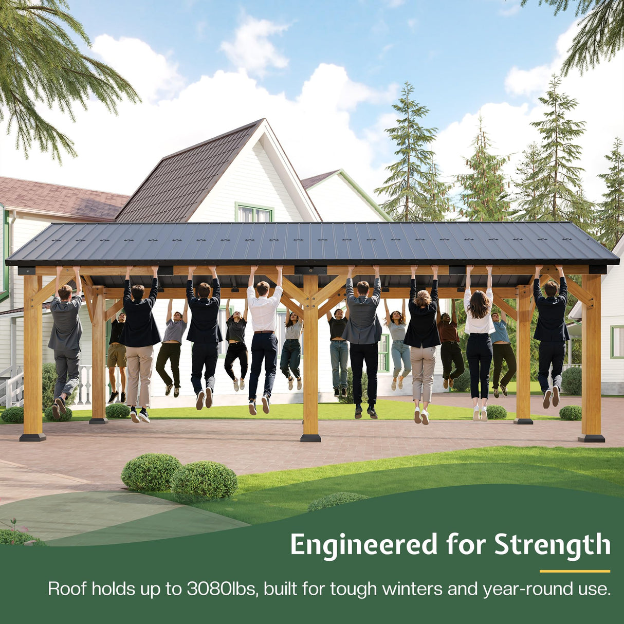 Jocisland 12x24x9.5 FT Cedar Wood Hardtop Carport with Steel Roof, Waterproof Outdoor Gazebo Pavilion, Heavy-Duty Snow & Wind Resistant Canopy for Patio, Driveway, Garden Jocisland