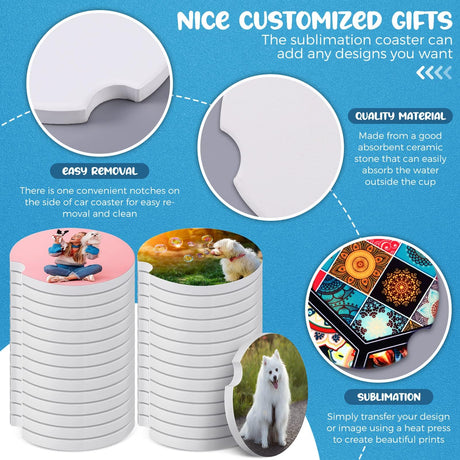Zhehao 136 Pcs Ceramic Car Coasters with Bags and Cards 2.64'' Sublimation Coasters Blanks Ceramic Car Cup Holder Coasters with A Finger Notch for Easy Removal Car Coaster Packaging for Selling Zhehao