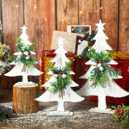 3 Pcs Wooden Christmas Tree Tabletop Decoration Farmhouse Wood Christmas Trees Christmas Centerpieces Rustic Sanding Freestanding Table with Star Berry Bells Pine Xmas Centerpiece for Home Kitchen