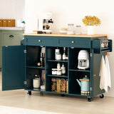 HLR Kitchen Island On Wheels, Rolling Kitchen Island Cart with Drop Leaf Countertop, Barn Door Kitchen Island Table with Storage Cabinet and Tower Rack, Island Table for Kitchen (Dark Teal) HLR