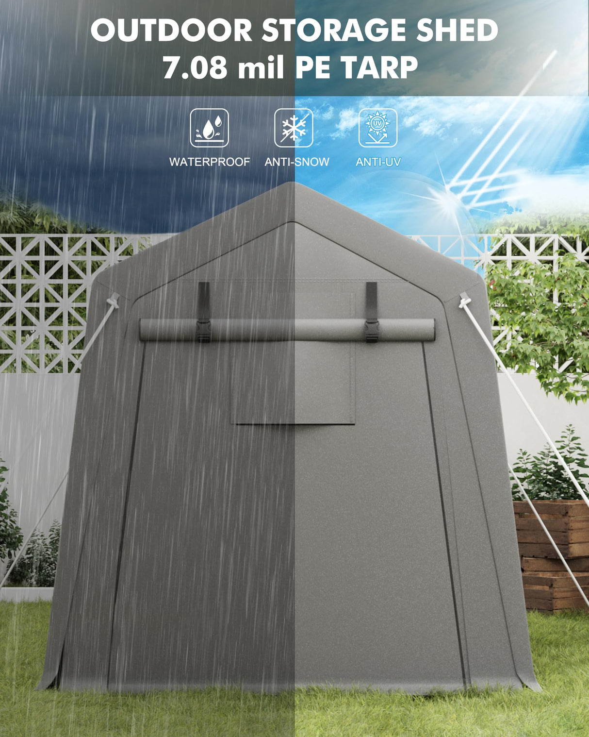 7 x 10 ft Portable Carport, Storage Shed with Heavy Duty Waterproof Tarp & 2 Roll-Up Zipper Doors, Ideal Tent for Motorcycles, Bikes, Garden Tools, and Firewood Hipicute