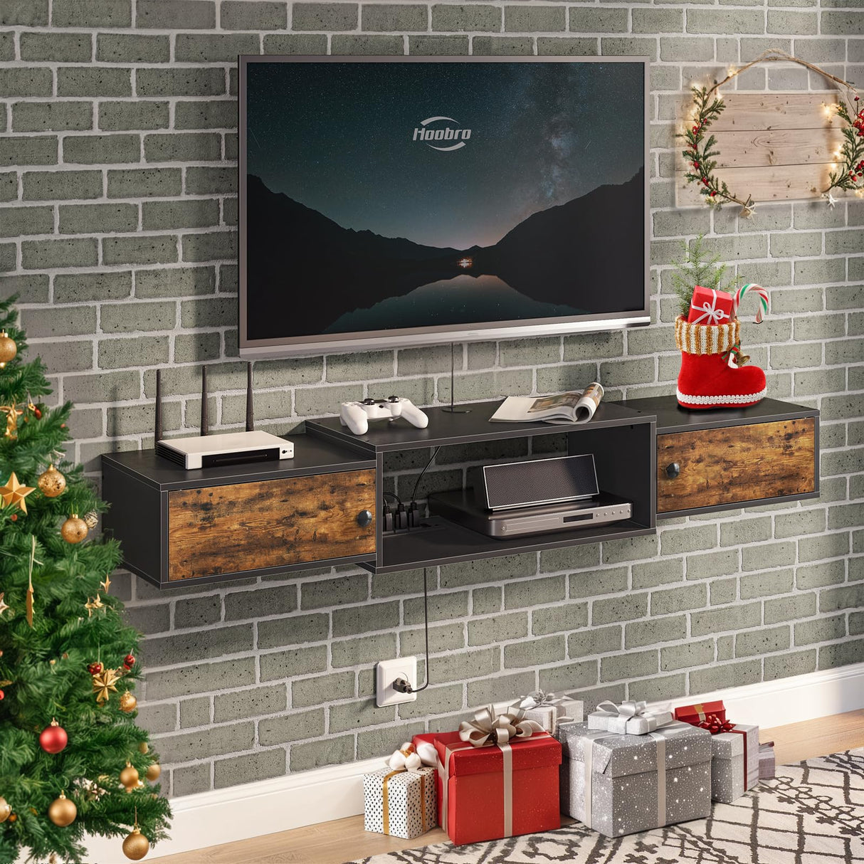HOOBRO Floating TV Stand with Power Outlet 55", Modern Wall Mounted Media Console Shelf Cabinet for Under TV Storage, Entertainment Center, Living Room, Bedroom, Rustic Brown and Black BF11DS01 HOOBRO