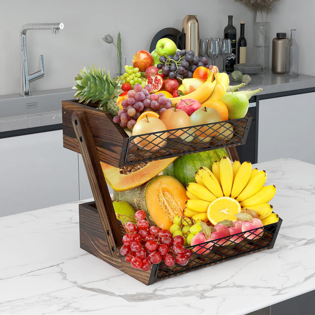 Dorhors Fruit Basket for Kitchen, 2 Tier Fruit Bowl,Kitchen Counter Organizer,Wooden Vegetable Holder for Countertop,Bread Storage Basket Stand Dorhors