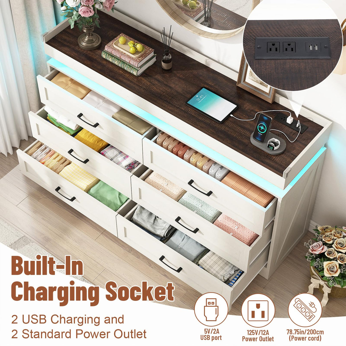 Hlivelood 59" Large Farmhouse 6 Drawers Dresser for Bedroom,Wide Wood Rustic 6 Chests of Drawers for Closet,with LED Light and Power Outlets,Tall Storage Dresser Organizer for Bedroom(White) Hlivelood