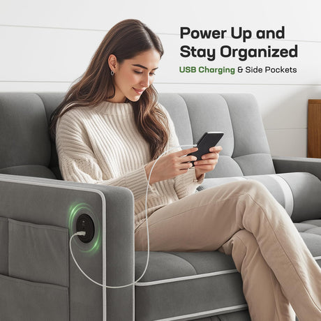 Marsail 3-in-1 Convertible Futon Sofa Bed with USB Charging Port & Adjustable Backrest, Velvet Loveseat with Side Pockets, Pull Out Sleeper Couch Suitable for Small Spaces, Grey Marsail